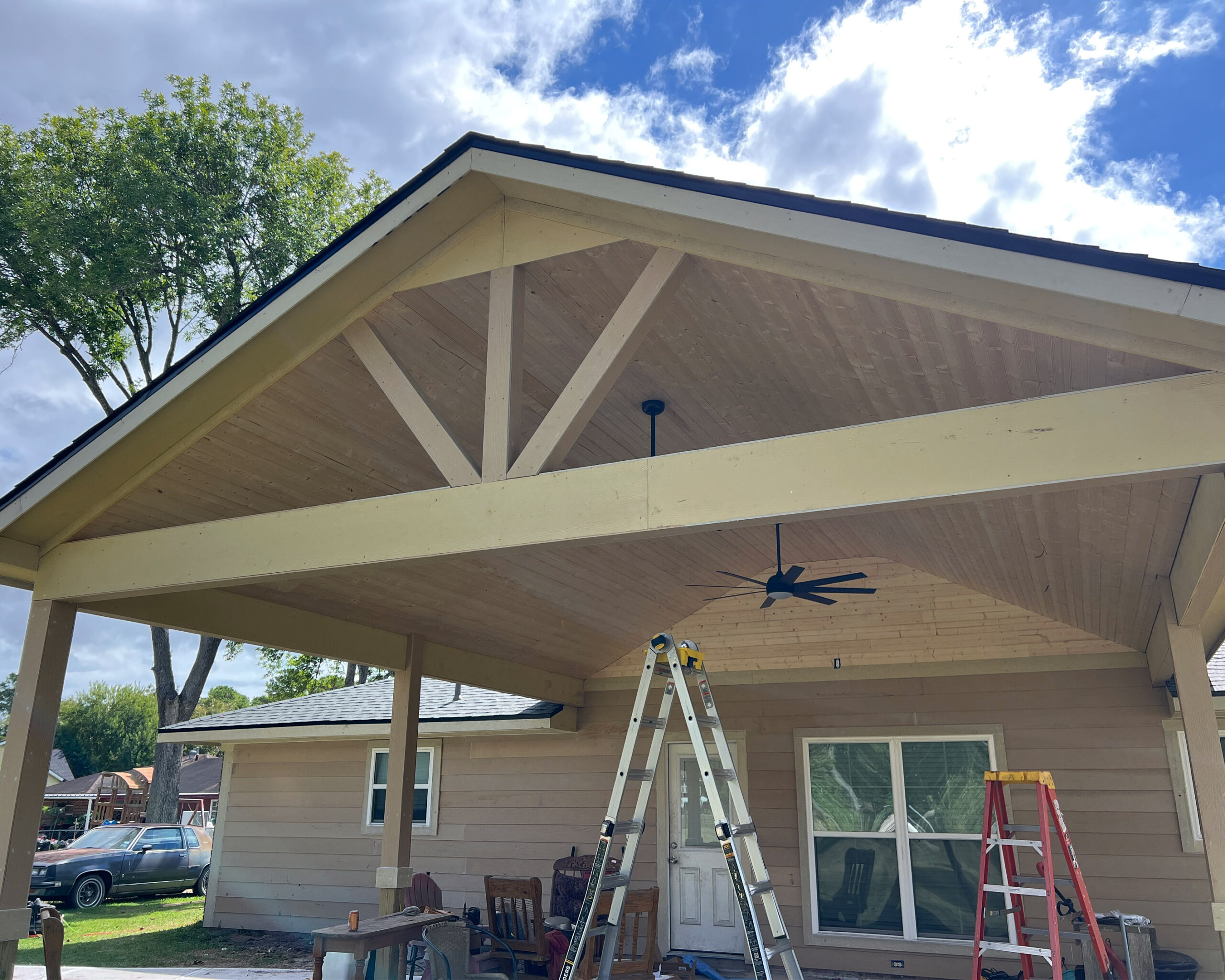 Gable patio cover with ceiling fan